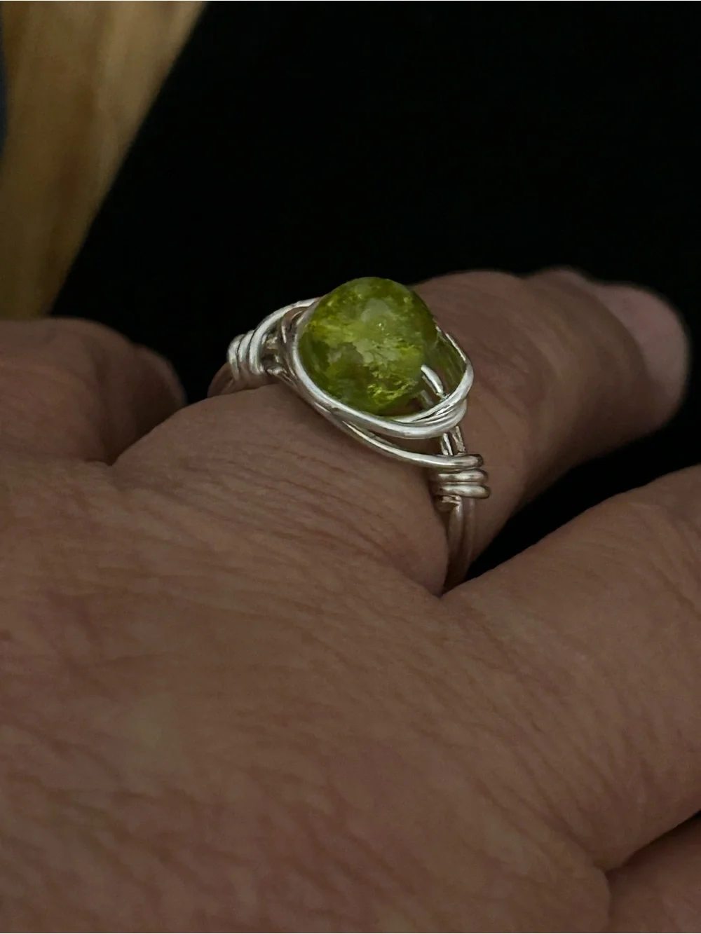 Silver Wire-Wrapped Ring with Lime Green Glass stone